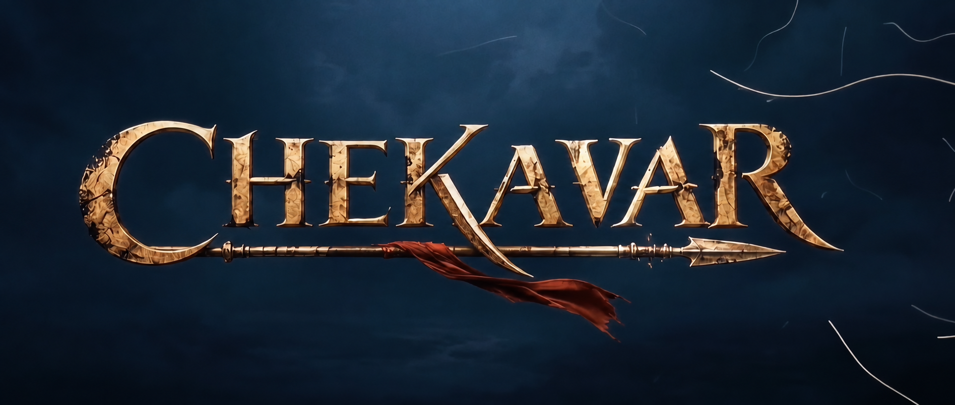 Chekavar in antique gold lettering, above a spear with a red cloth